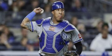 Royals catcher Salvador Perez leaves recreation after being hit by pitch on elbow