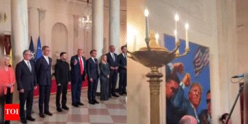 ‘Not an awesome day’: Donald Trump shows paintings of Butler assault to European leaders – video