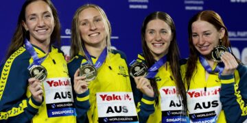 Swimming world championships 2025: Mollie O’Callaghan, Lani Pallister, Jamie Perkins, Brittany Castelluzzo win gold for Australia in ladies’s 4x200m freestyle relay