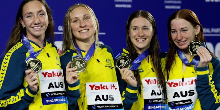 Swimming world championships 2025: Mollie O’Callaghan, Lani Pallister, Jamie Perkins, Brittany Castelluzzo win gold for Australia in ladies’s 4x200m freestyle relay