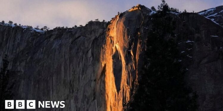 Yosemite waterfall turns molten orange