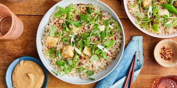 Crispy Tofu Bowl With Snap Pea-Miso Salad