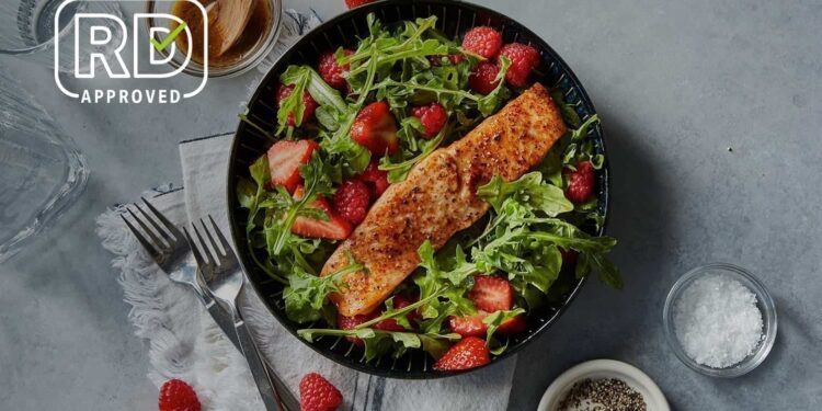 Air Fryer Salmon With Arugula-Berry Salad