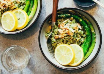 Asparagus Rice Bowl with Almond Pesto