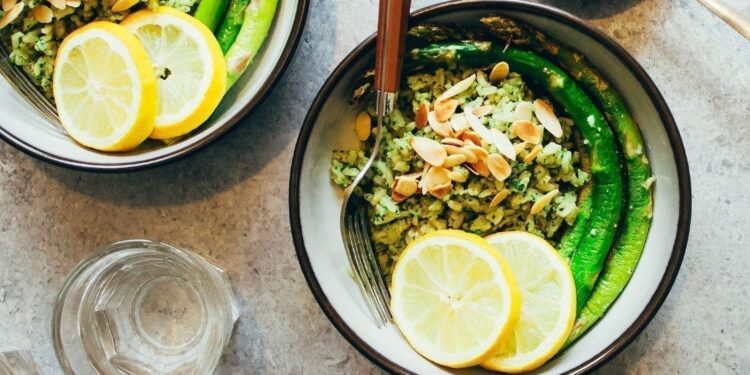 Asparagus Rice Bowl with Almond Pesto