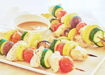 Hen-Veggie Skewers with Peanut Sauce