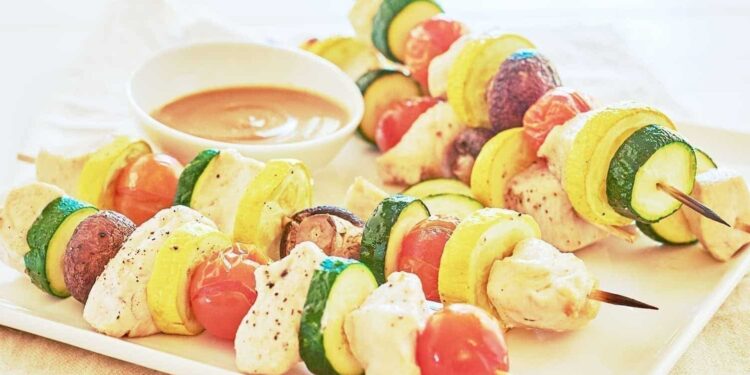 Hen-Veggie Skewers with Peanut Sauce
