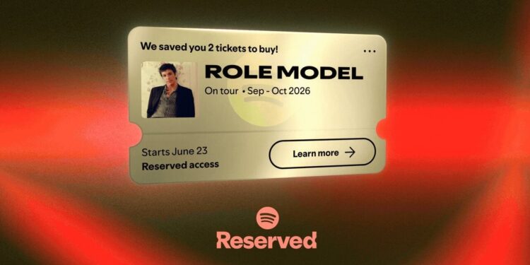 Spotify’s ‘Reserved’ ticketing characteristic launches within the US at the moment underneath a multi-year Dwell Nation deal, beginning with indie-pop artist Position Mannequin