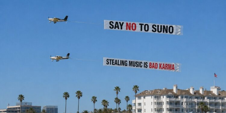 Keep in mind ‘Say No To Suno’? Somebody simply employed a aircraft to fly it over an AI investor summit… that includes Mikey Shulman.