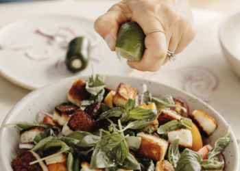 Tomato Nectarine Halloumi Salad with Basil and Jalapeño