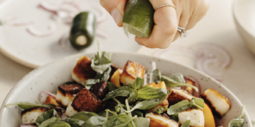 Tomato Nectarine Halloumi Salad with Basil and Jalapeño